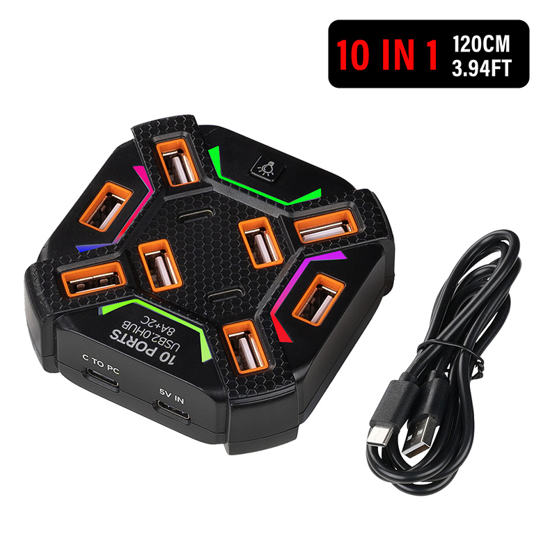 10 Ports USB Hub with RGB Ligh - مراجعة Usb Hub Gaming وسعره