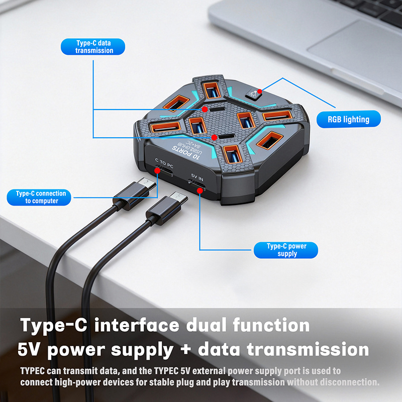10 Ports USB Hub with RGB Ligh - مراجعة Usb Hub Gaming وسعره